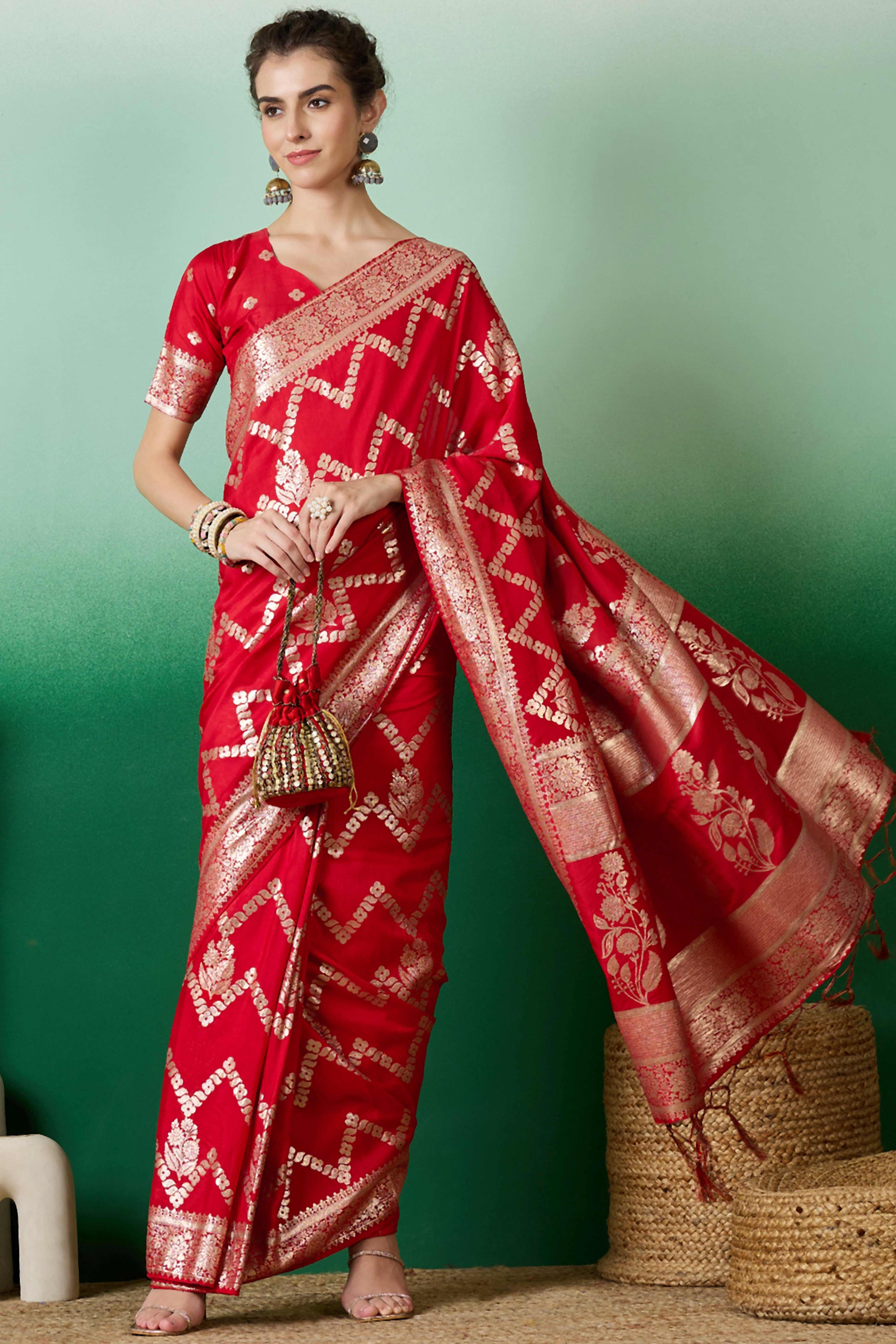 Red Cotton Blend Jacquard Saree Adorned With Floral Weaving & Graceful Tassel Pallu