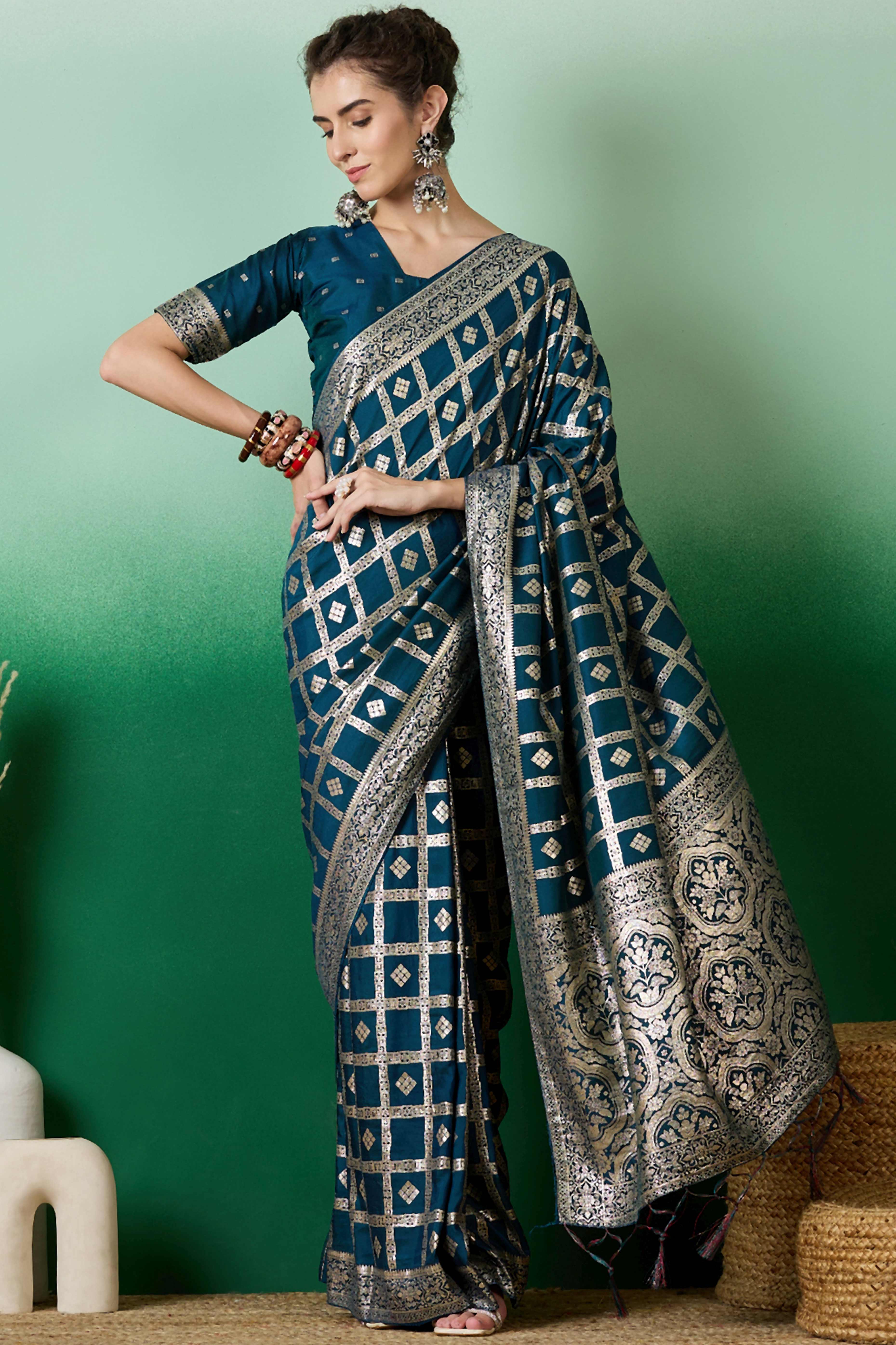 Rich Teal Blue Jacquard Saree In Cotton Blend Featuring Elegant Floral Weaving & A Tasselled Pallu