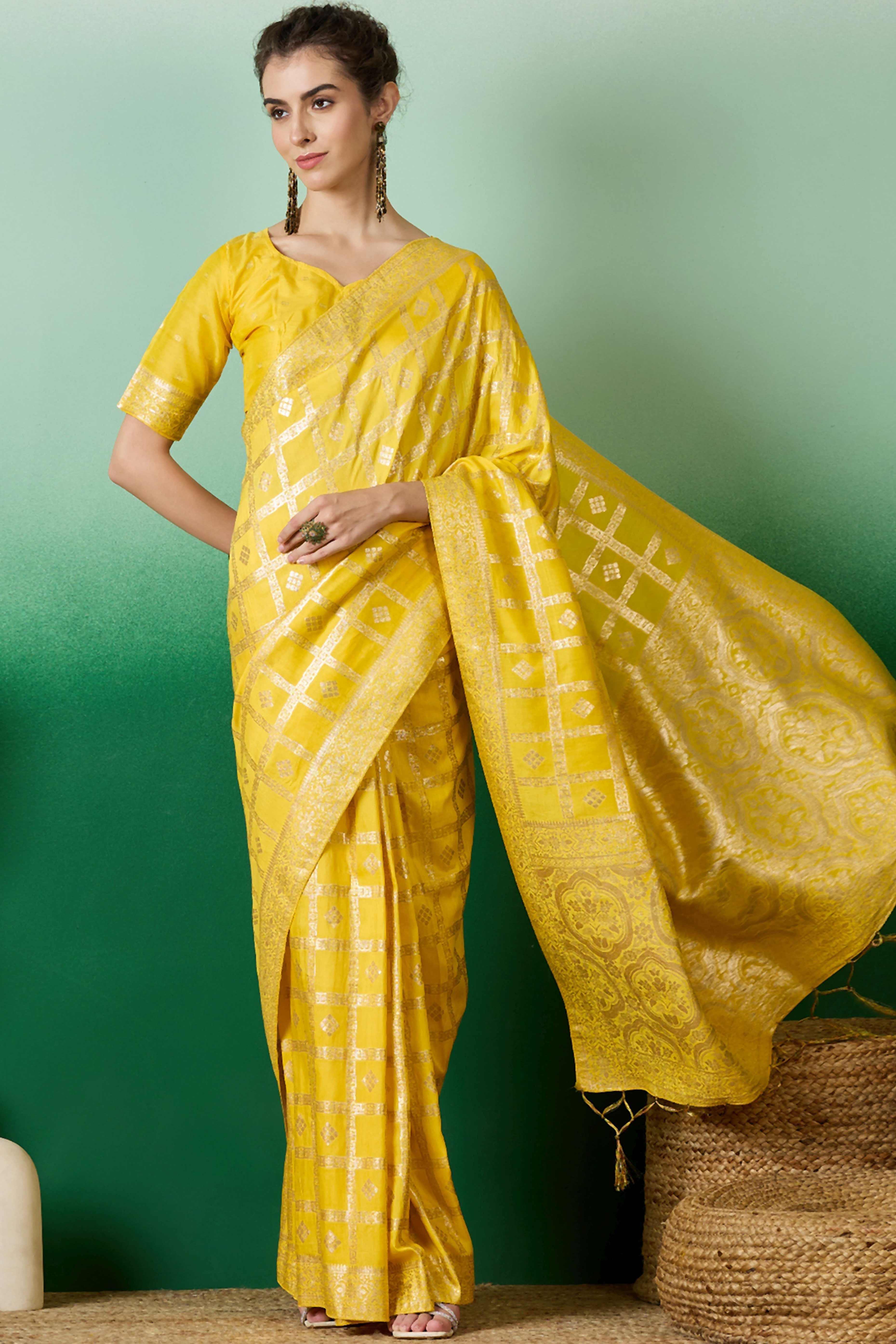 Yellow Jacquard Saree In Cotton Blend Featuring Elegant Floral Weaving & A Tasselled Pallu