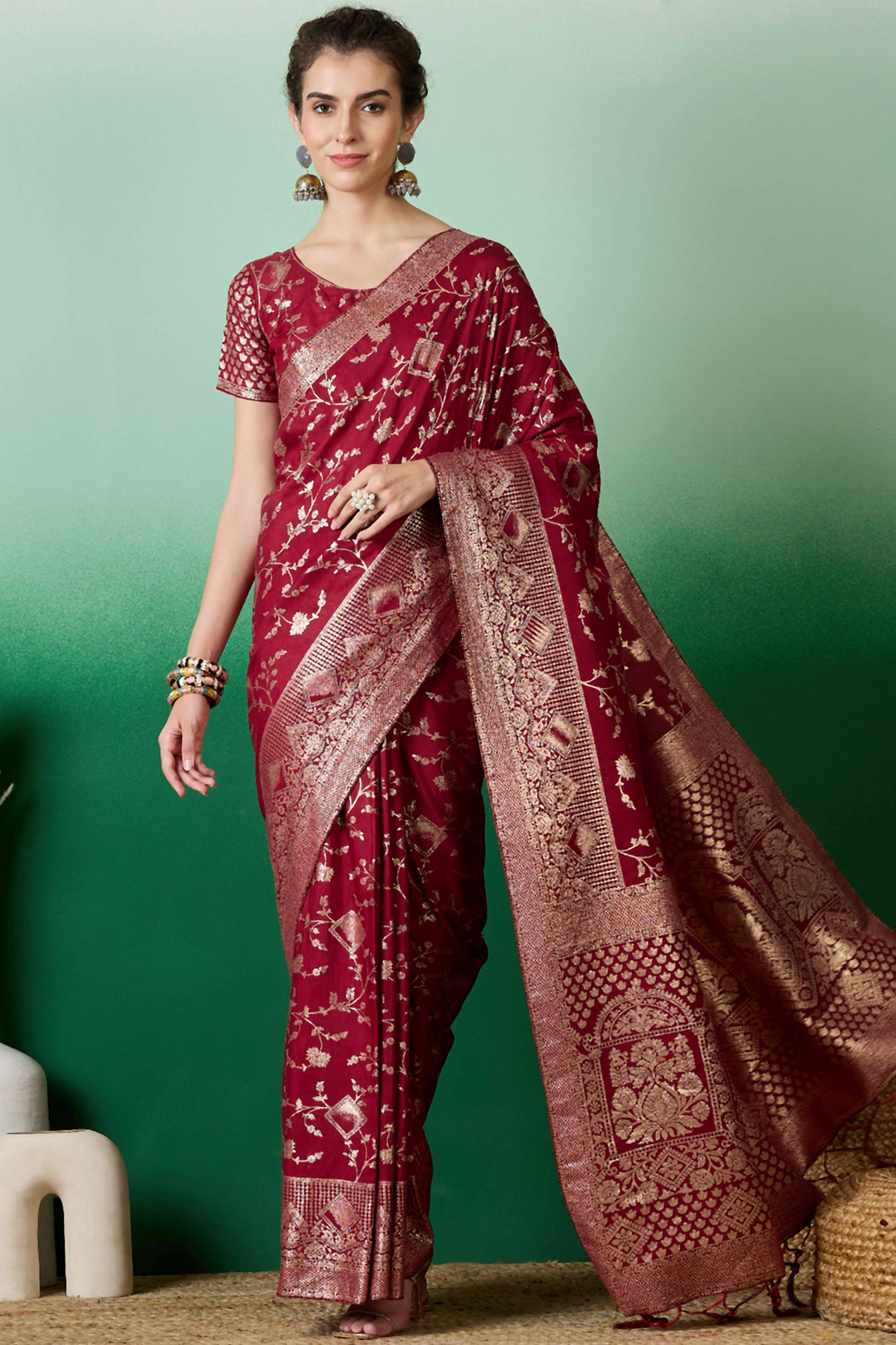 Maroon Cotton Blend Saree With Intricate Floral Zari Weaving & Soft Tassel