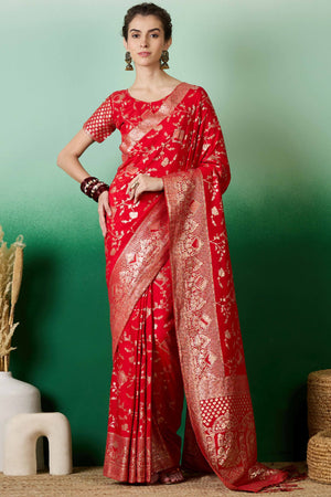 Red Cotton Blend Saree With Intricate Floral Zari Weaving & Soft Tassel