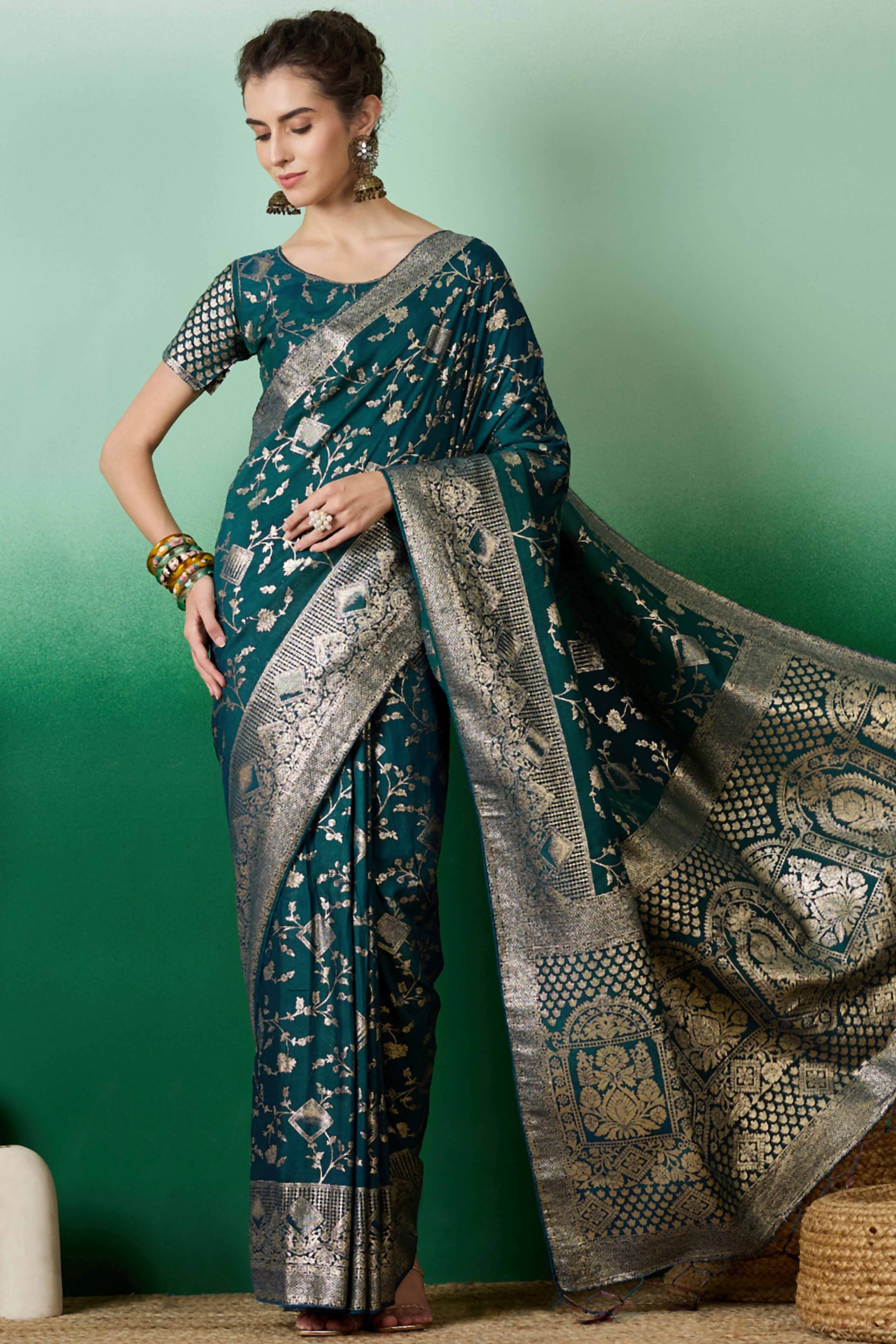 Deep Teal Green Cotton Blend Saree With Intricate Floral Zari Weaving & Soft Tassel