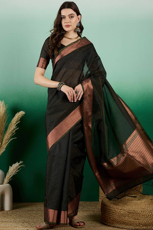 Black Khadi Organza Saree Intricate Weaving & Sparkling Sequins with Tassel Pallu