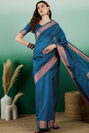 Blue Khadi Organza Saree Intricate Weaving & Sparkling Sequins with Tassel Pallu