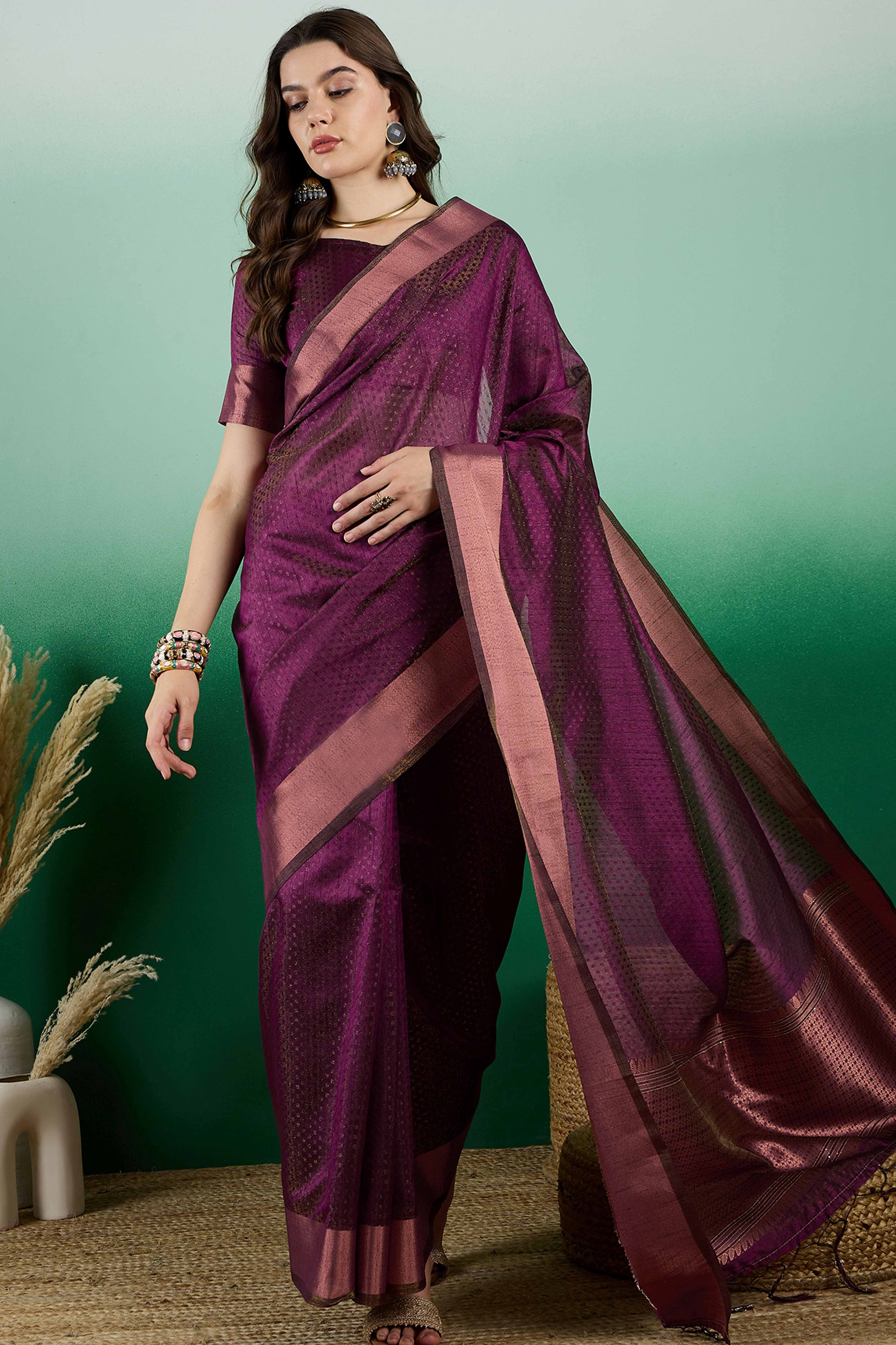 Wine Khadi Organza Saree Intricate Weaving & Sparkling Sequins with Tassel Pallu