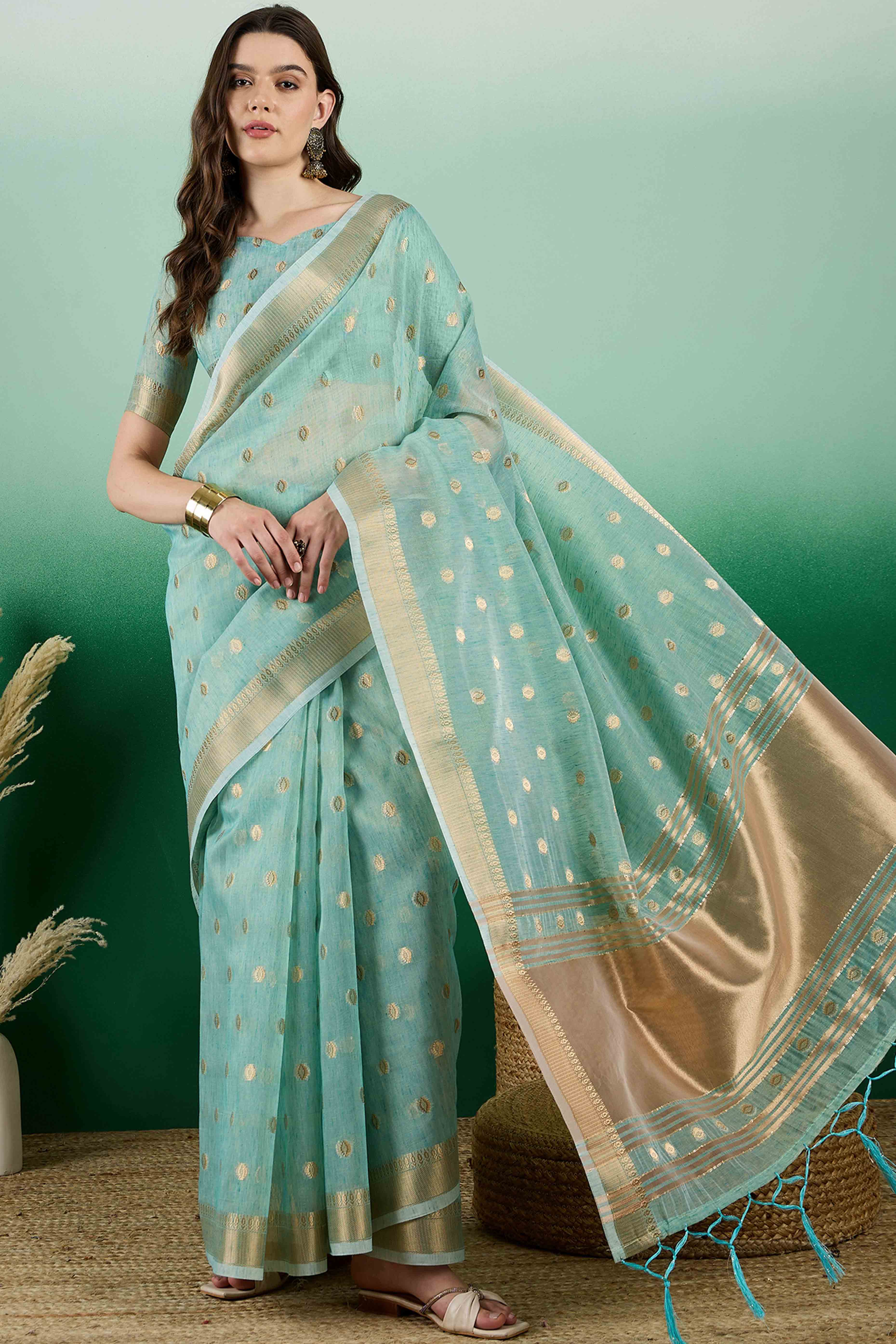 Blue Khadi Organza Saree Embellished With Traditional Zari Work & Tassels