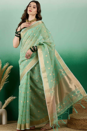 Green Khadi Organza Saree Embellished With Traditional Zari Work & Tassels