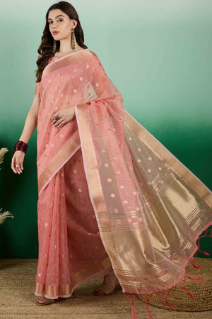 Peach Khadi Organza Saree Embellished With Traditional Zari Work & Tassels