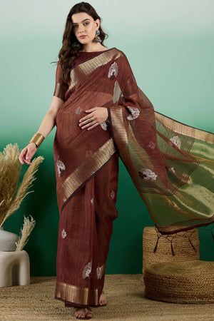 Brown Khadi Organza Saree Adorned With Elegant Embroidery & Tassel Pallu