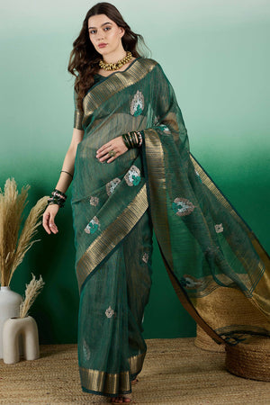 Green Khadi Organza Saree Adorned With Elegant Embroidery & Tassel Pallu