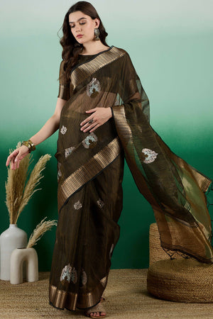 Mehendi Green Khadi Organza Saree Adorned With Elegant Embroidery & Tassel Pallu