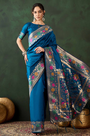 Blue Saree In Poly Silk Blend Featuring Floral Zari Weaving & Tassel Accents
