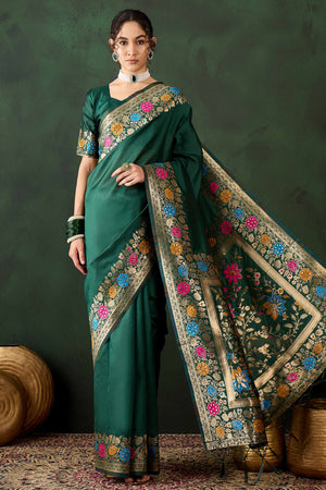 Green Saree In Poly Silk Blend Featuring Floral Zari Weaving & Tassel Accents