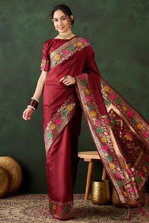 Maroon Saree In Poly Silk Blend Featuring Floral Zari Weaving & Tassel Accents
