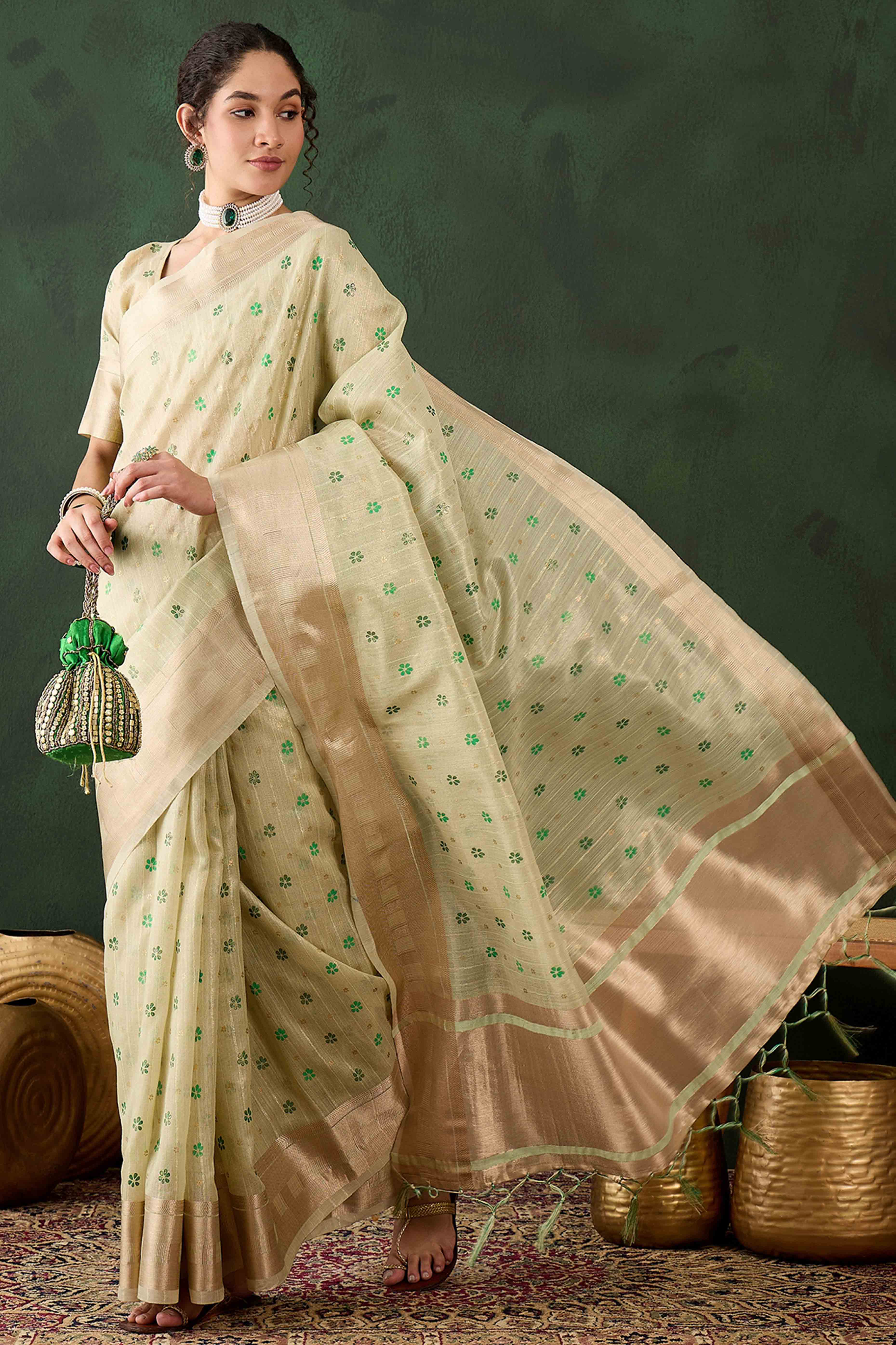 Green Saree In Khadi Organza Featuring Floral Prints & Intricate Weaving