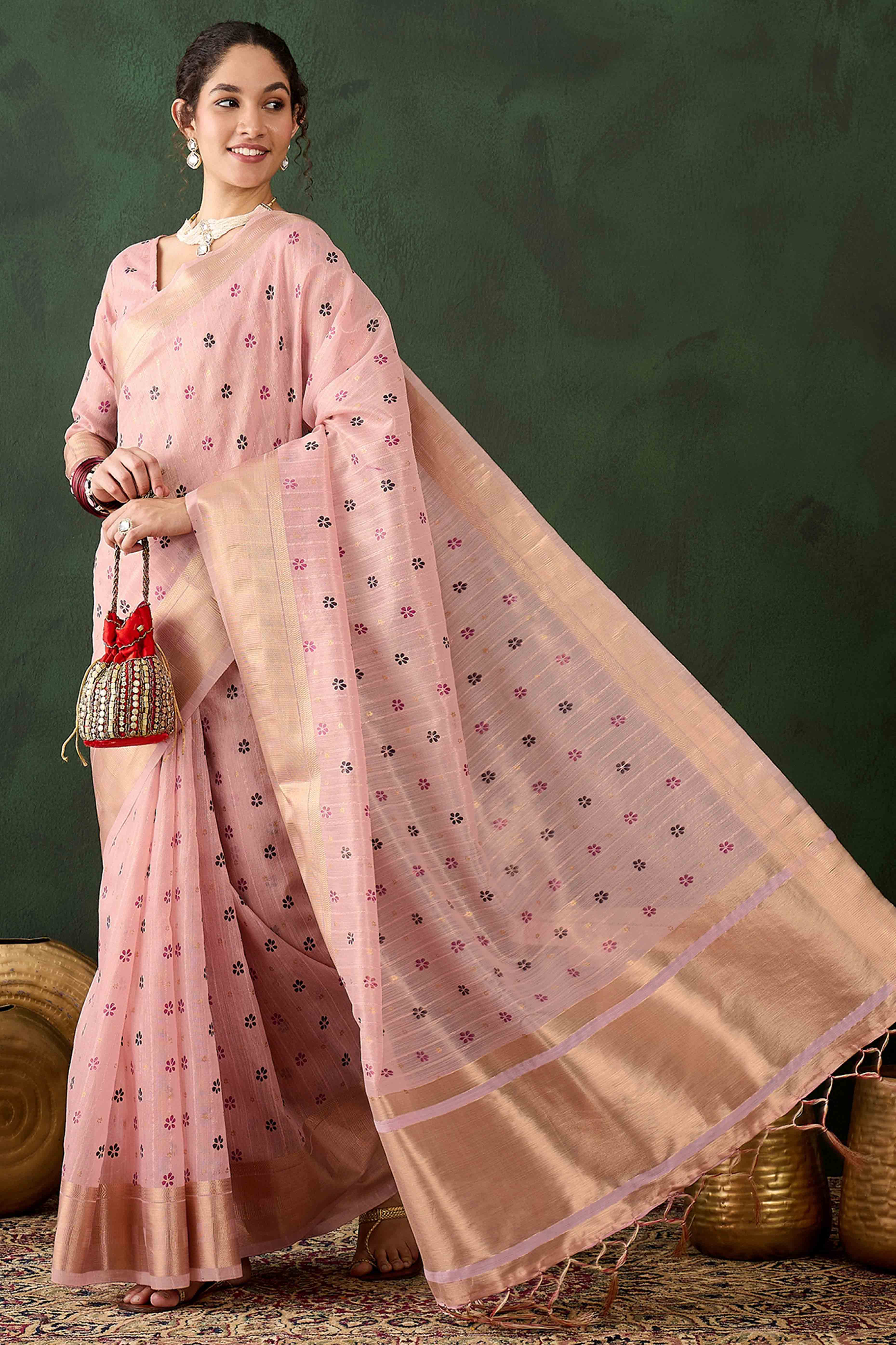 Pink Saree In Khadi Organza Featuring Floral Prints & Intricate Weaving