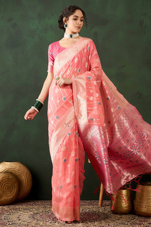 Peach Cotton Blend Saree Adorned With Intricate Floral Zari Weaving & A Stylish Tassel Pallu