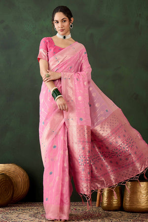 Pink Cotton Blend Saree Adorned With Intricate Floral Zari Weaving & A Stylish Tassel Pallu