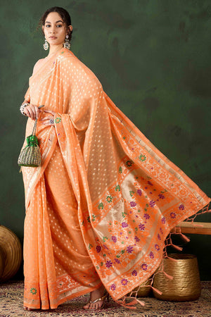 Orange Floral Zari Weaving On Orange Poly Cotton Saree With Tasselled Borders