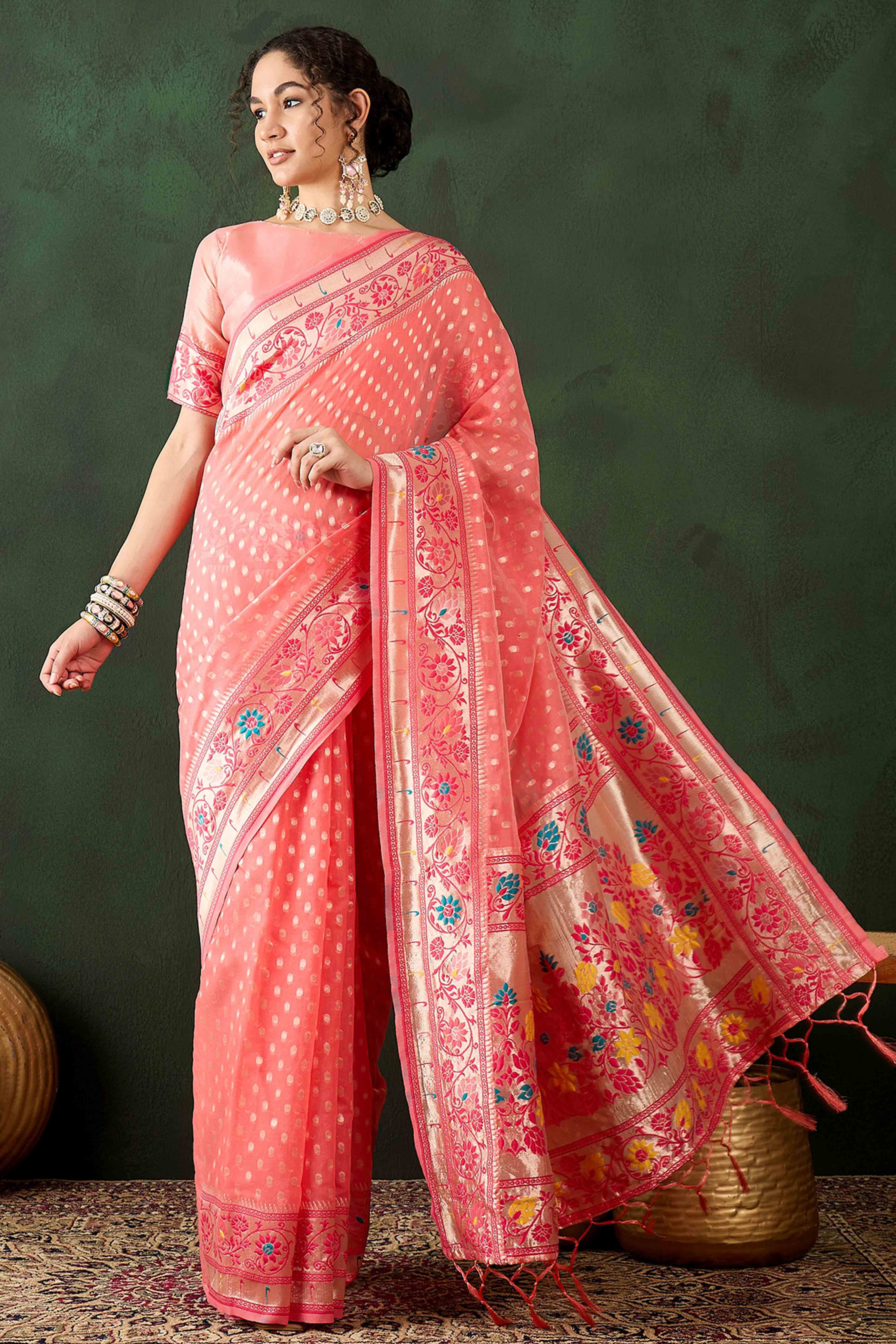 Peach Floral Zari Weaving On Orange Poly Cotton Saree With Tasselled Borders