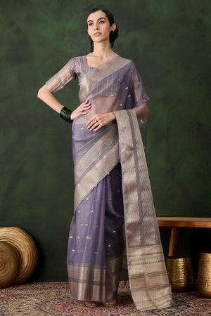Lavender Woven Khadi Organza Saree Embellished With Shimmering Sequins Work