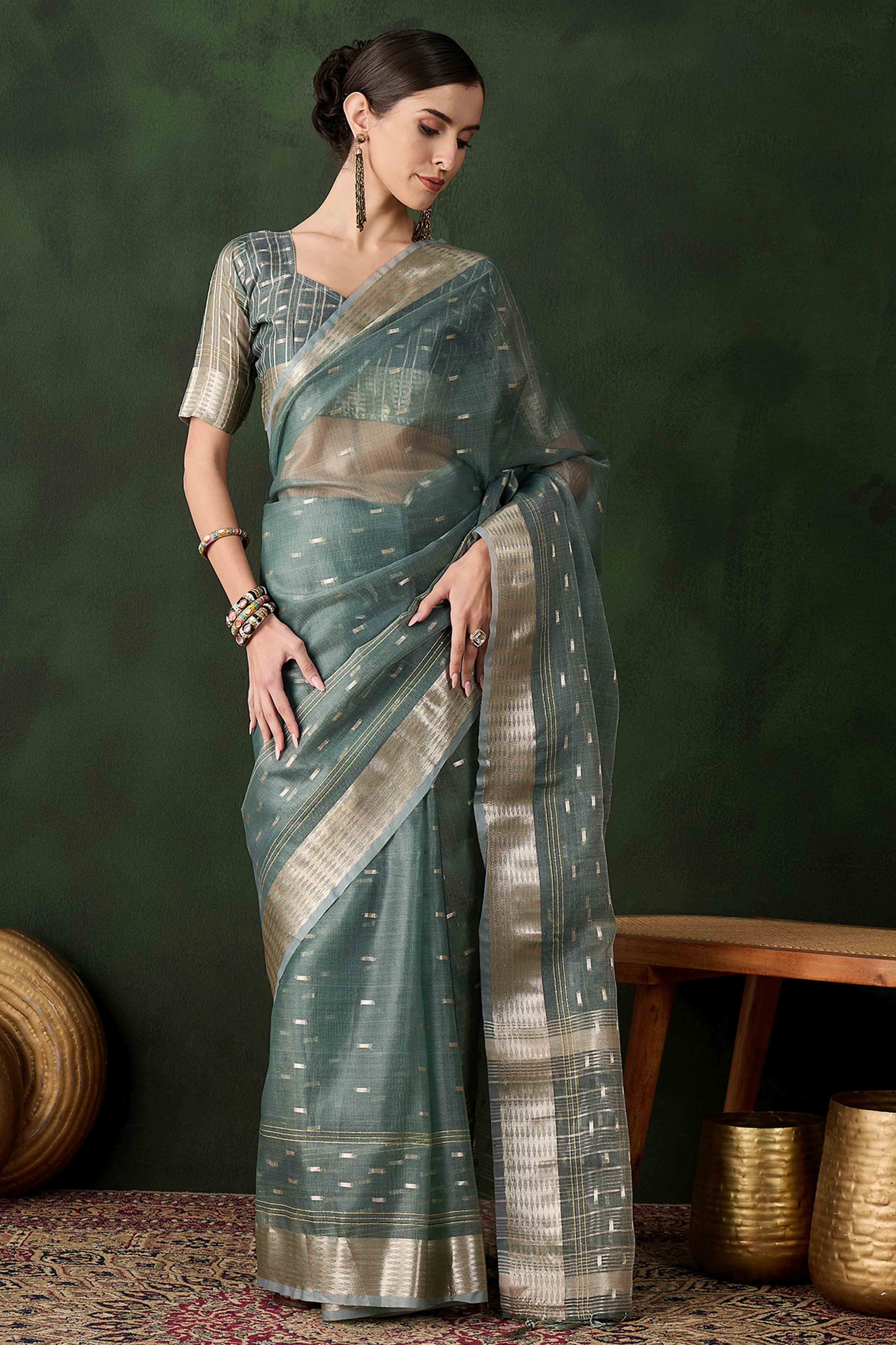 Green Saree With Fine Zari Weaving on Khadi Organza and Tassel Detailing Pallu