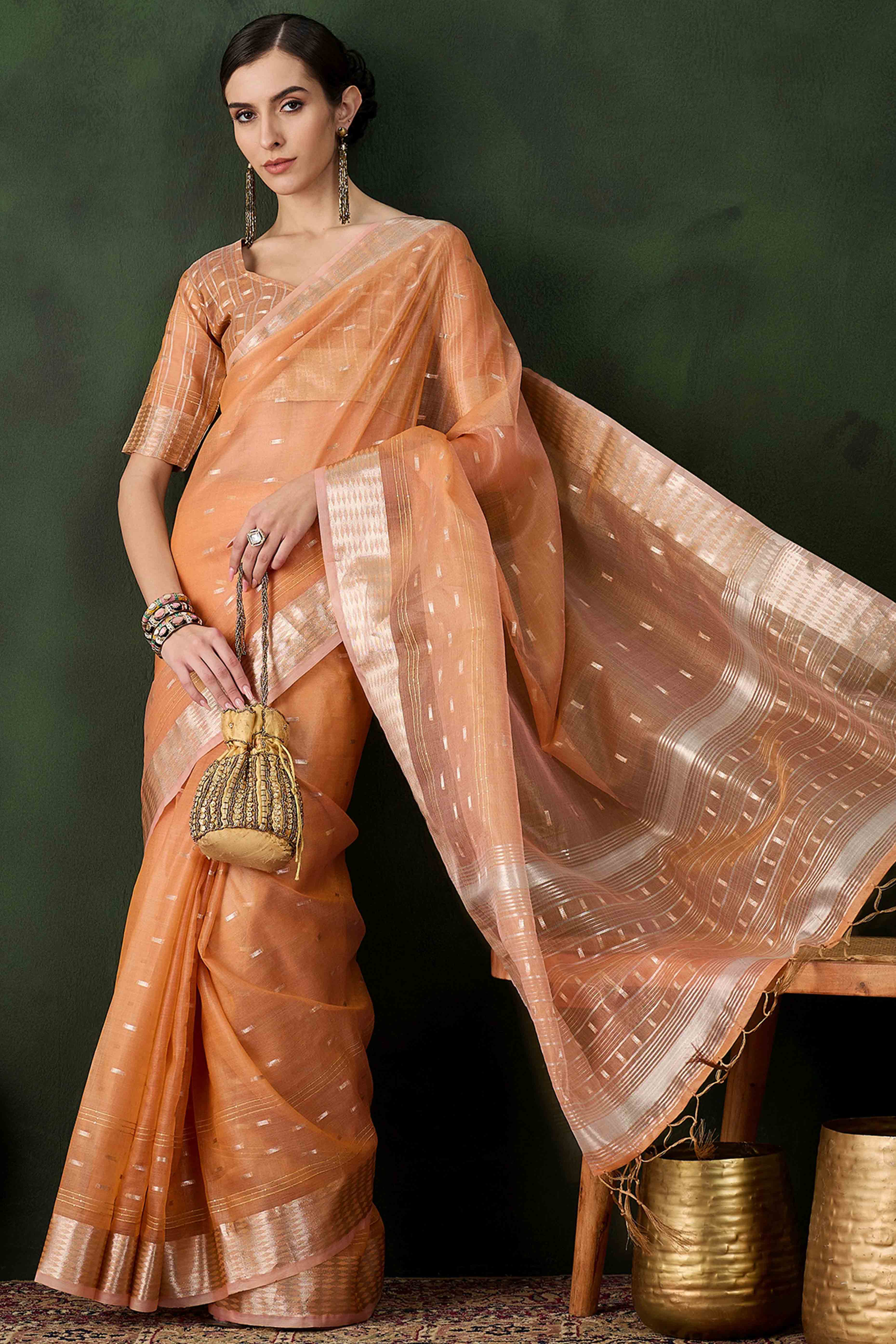 Orange Saree With Fine Zari Weaving on Khadi Organza and Tassel Detailing Pallu