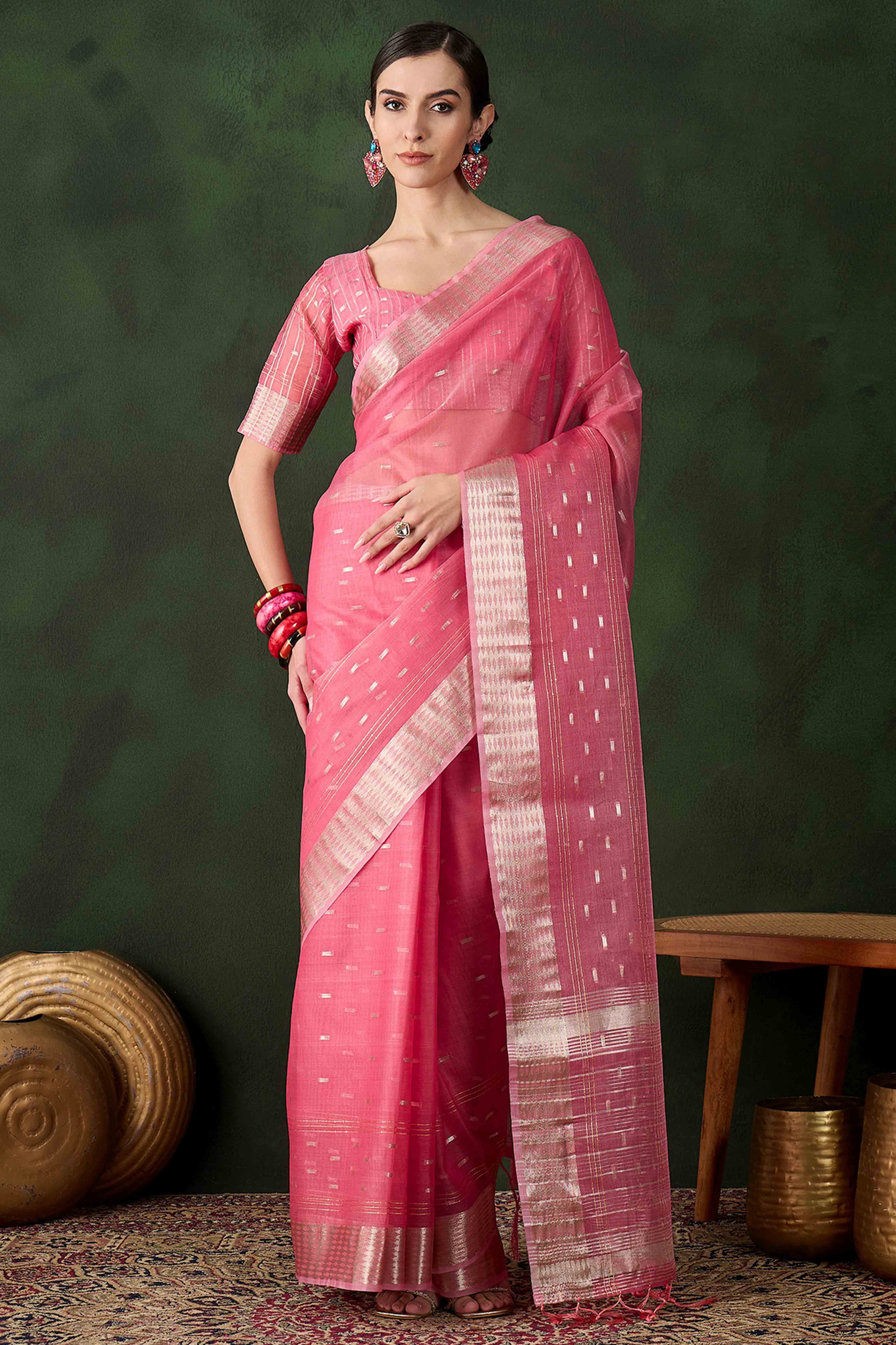 Pink Saree With Fine Zari Weaving on Khadi Organza and Tassel Detailing Pallu