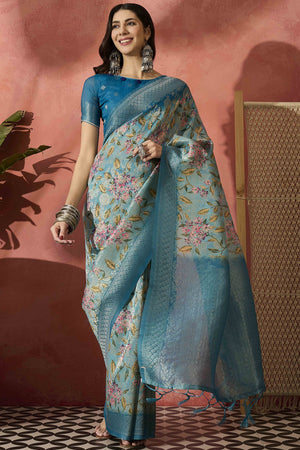 Blue Saree In Poly Cotton Featuring Intricate Floral Zari Weaving & Tassel Accents
