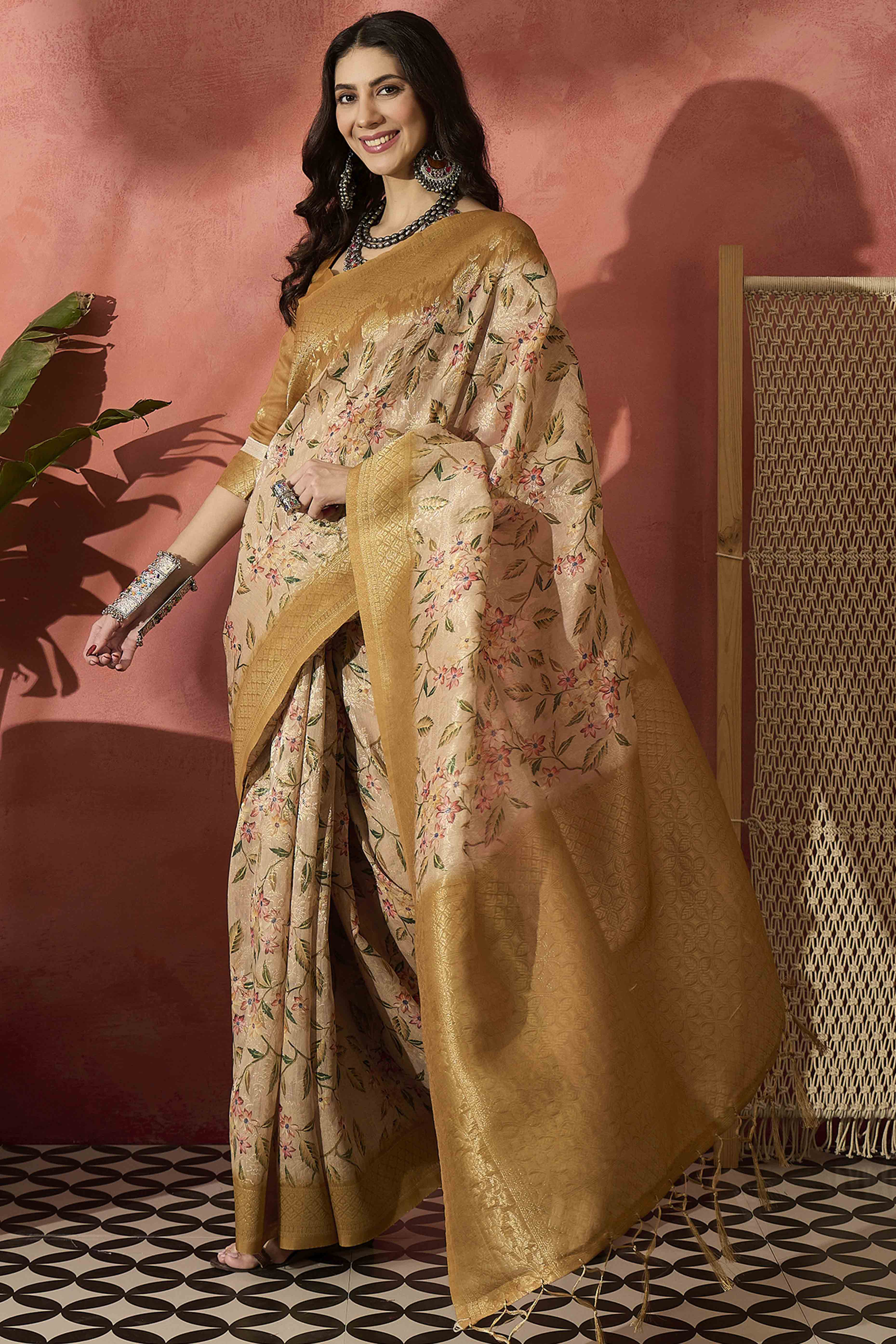Cream Saree In Poly Cotton Featuring Intricate Floral Zari Weaving & Tassel Accents