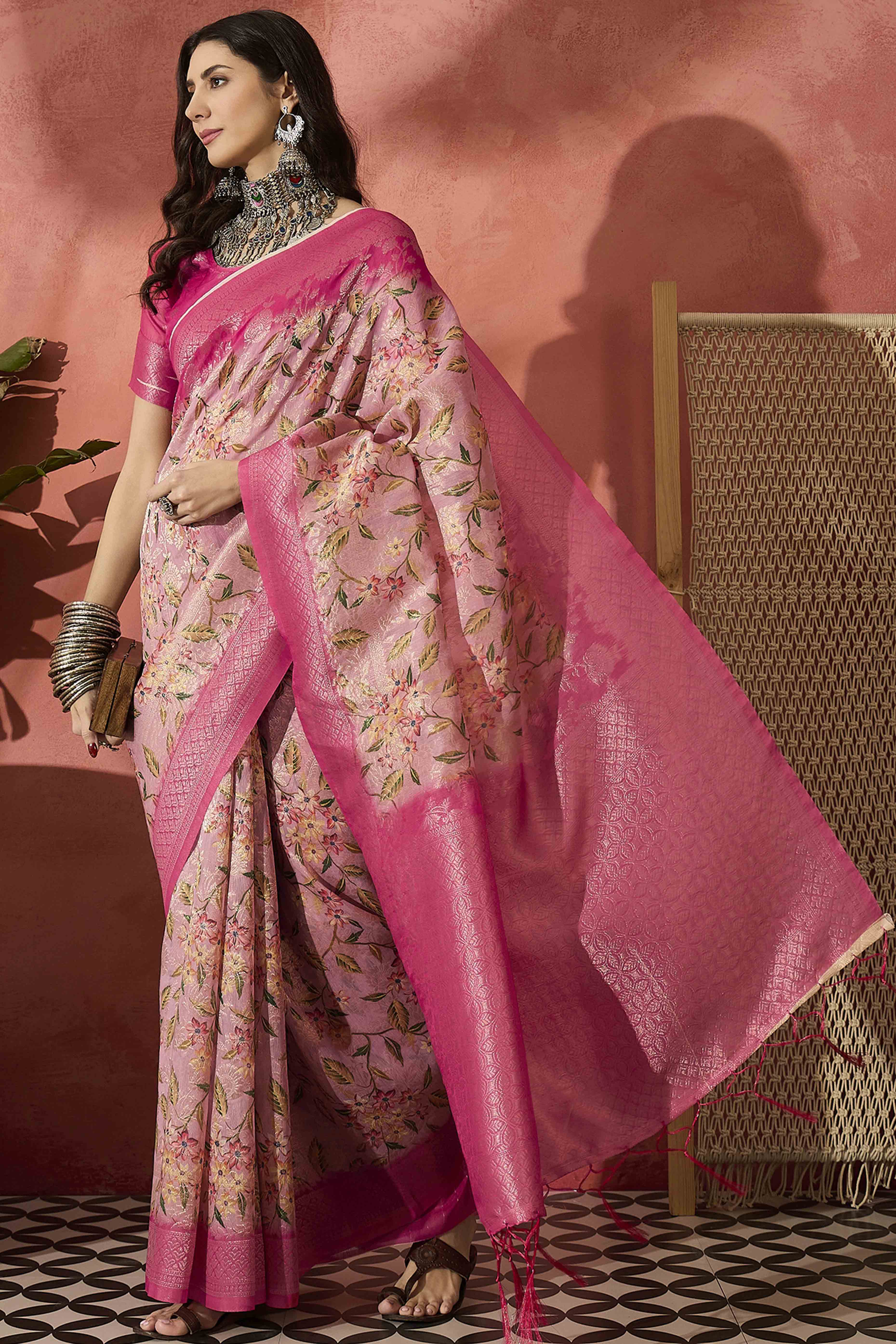 Pink Saree In Poly Cotton Featuring Intricate Floral Zari Weaving & Tassel Accents