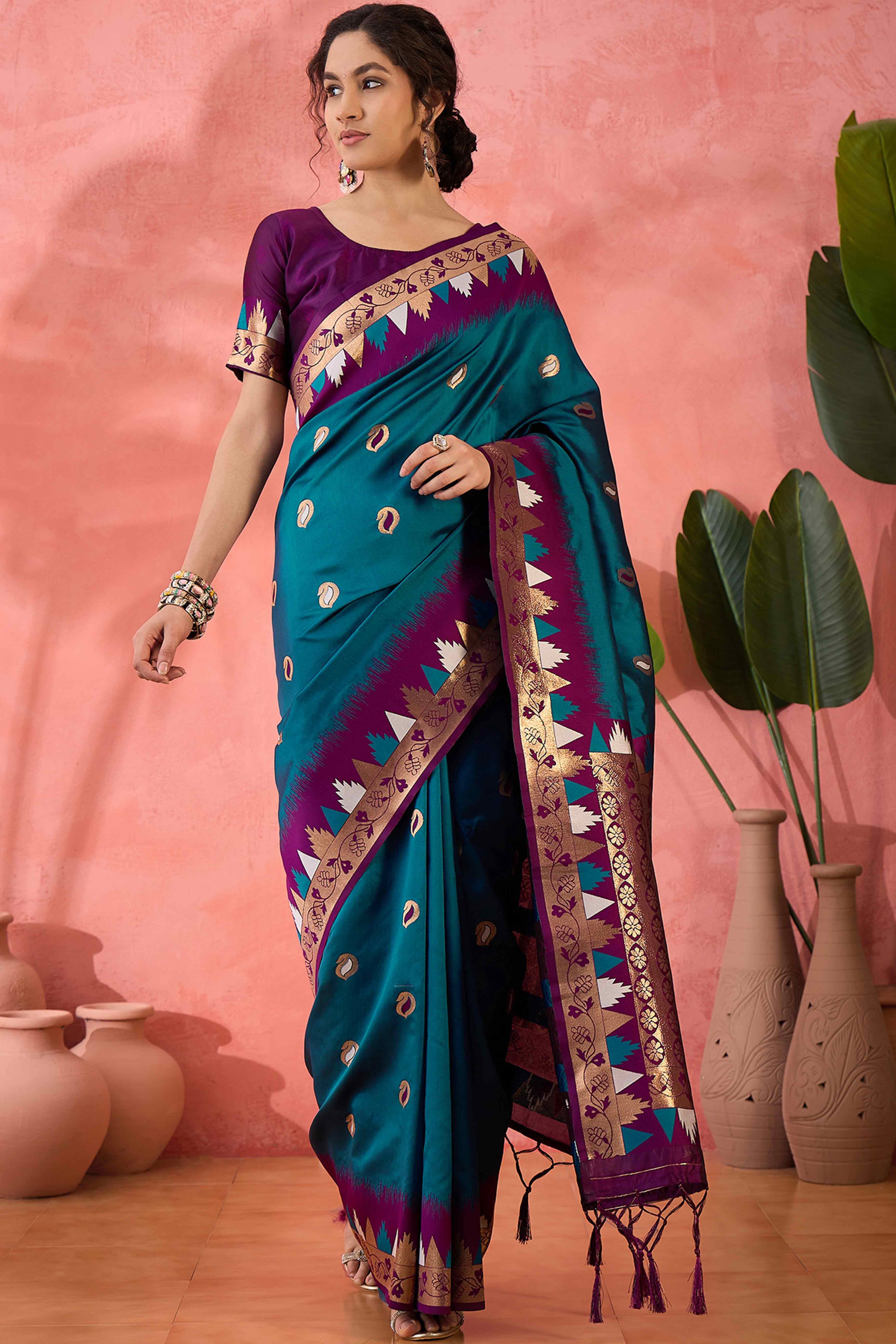 Morpich Blue Zari Woven Poly Silk Saree Enhanced With Graceful Tassel Detailing