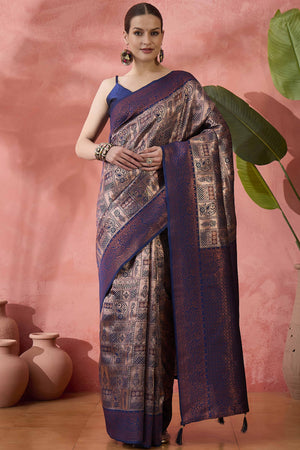 Navy Blue Woven Poly Silk Blend Saree Featuring Floral & Paisley Motifs With Tassel Accents
