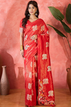 Red Saree In Shimmer Fabric With Floral Zari Weaving & Decorative Tassel Pallu