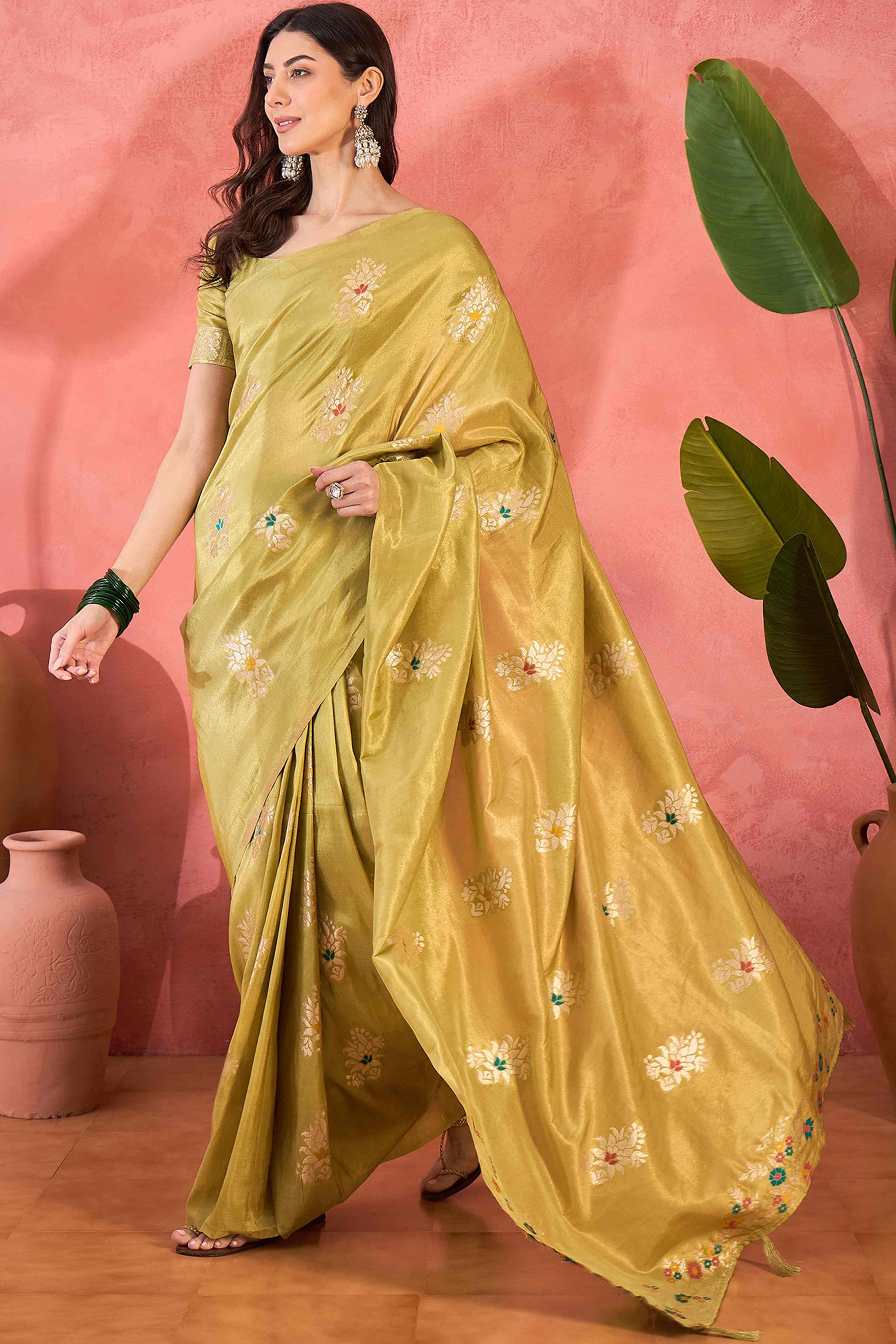 Lime Yellow Shimmer Saree Showcasing Floral Zari Weaving & A Tasselled Pallu