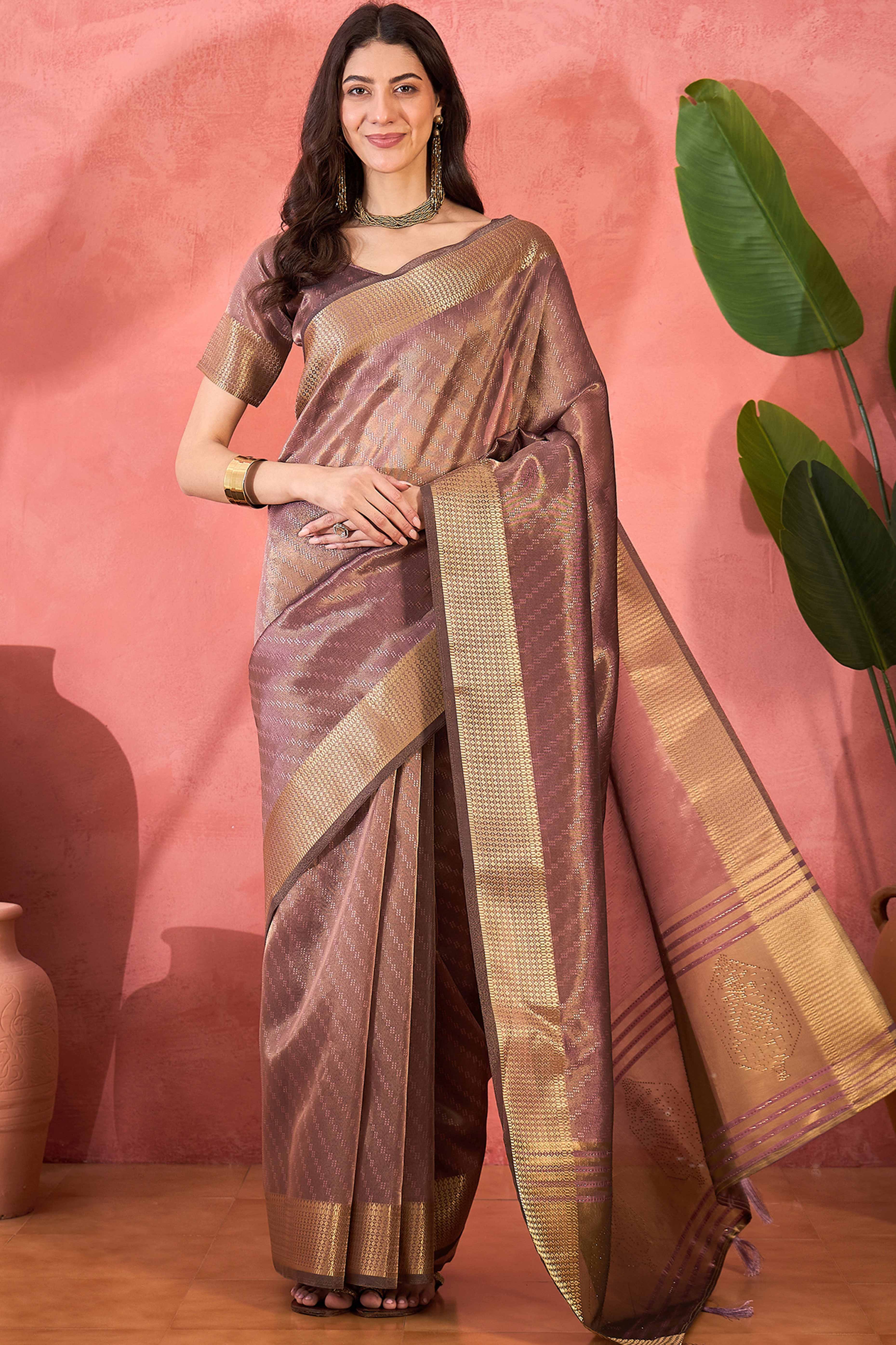Dusty Rose Pink Khadi Organza Saree Intricate Weaving & Sparkling Stonework With Tassel Pallu