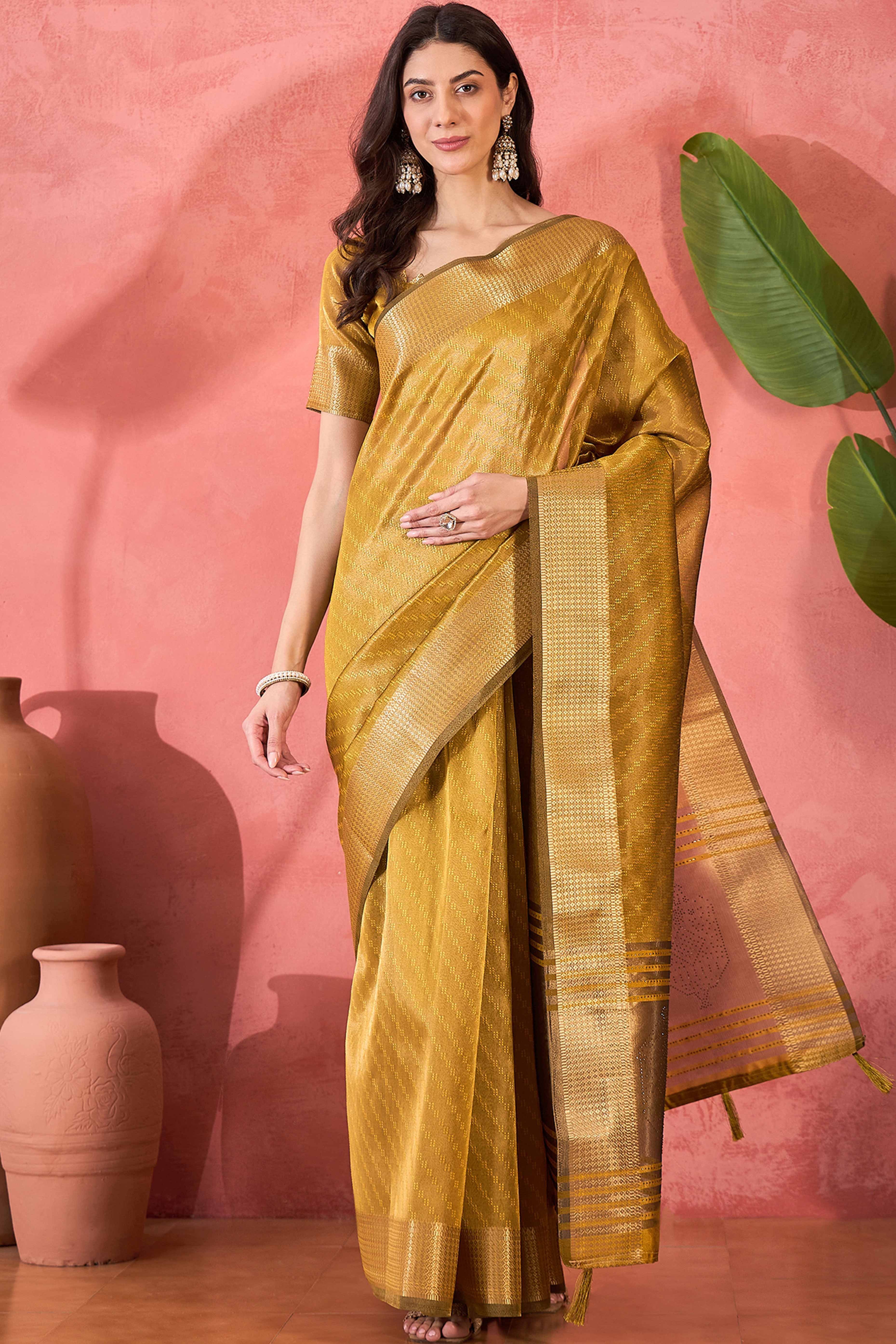 Mustard Khadi Organza Saree Intricate Weaving & Sparkling Stonework With Tassel Pallu