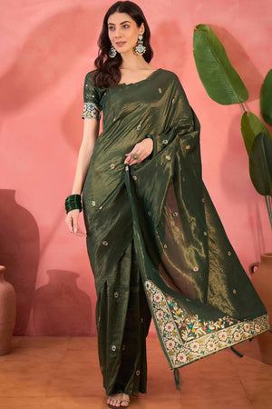 Green Zari Woven Shimmer Saree With Floral Motifs & Flowing Tassel Pallu