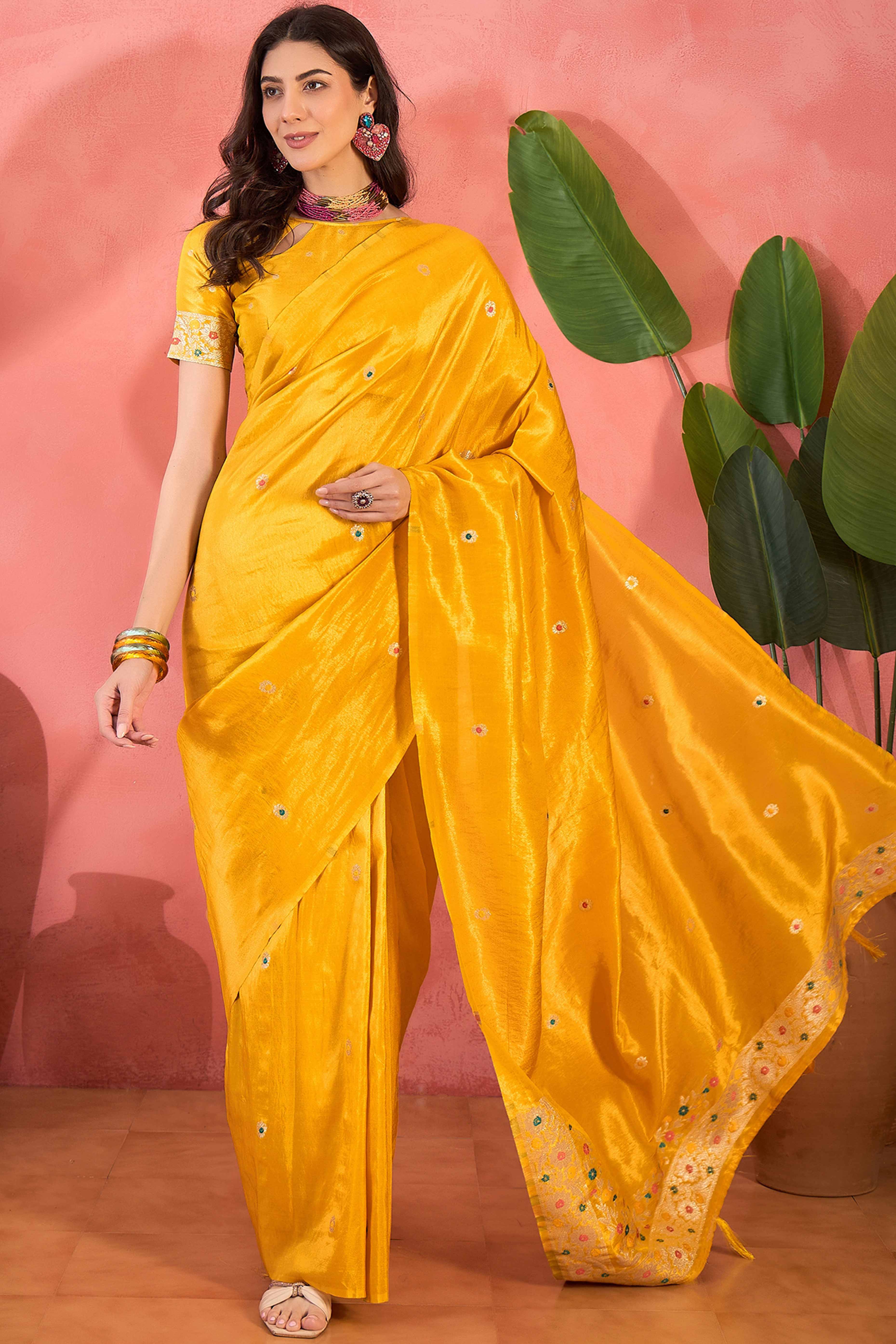 Yellow Zari Woven Shimmer Saree With Floral Motifs & Flowing Tassel Pallu
