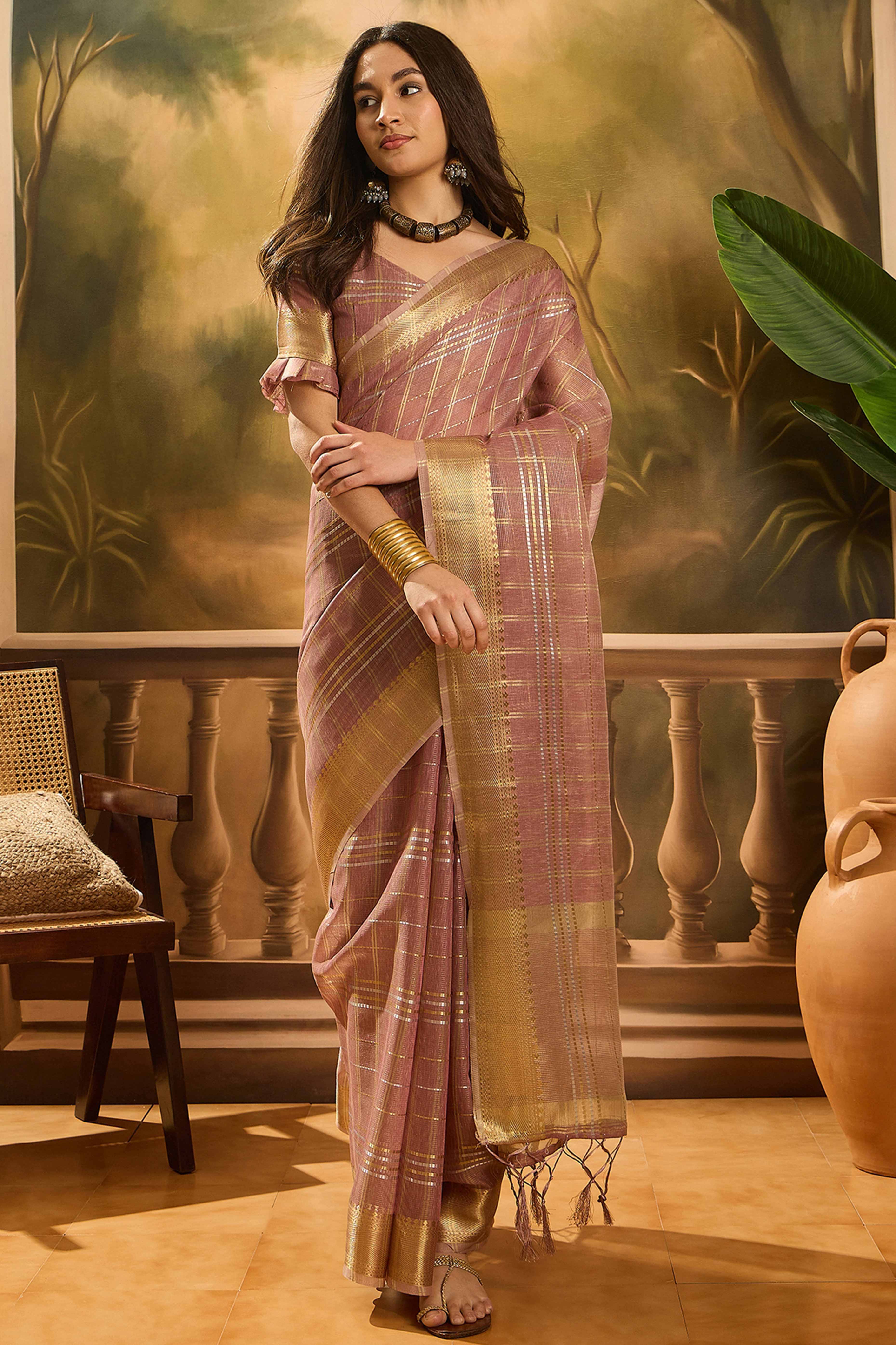 Dusty Mauve Zari Woven Khadi Organza Saree Featuring Classic Checks & Tassel Detailing