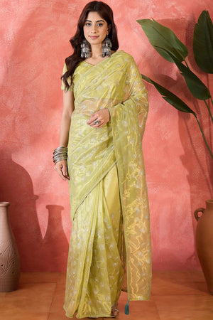 Lime Green Twill Net Saree With Intricate Floral Sequin Work & Flowing Tassel Pallu