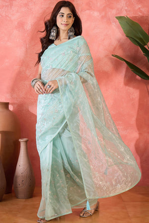 Pale Turquoise Floral Sequin Embellished Saree In Twill Net With Tassel Accents