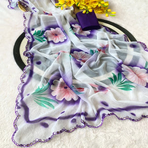 Charming Purple Floral Digital Print Saree Crafted In Georgette With Stylish Embroidered Border