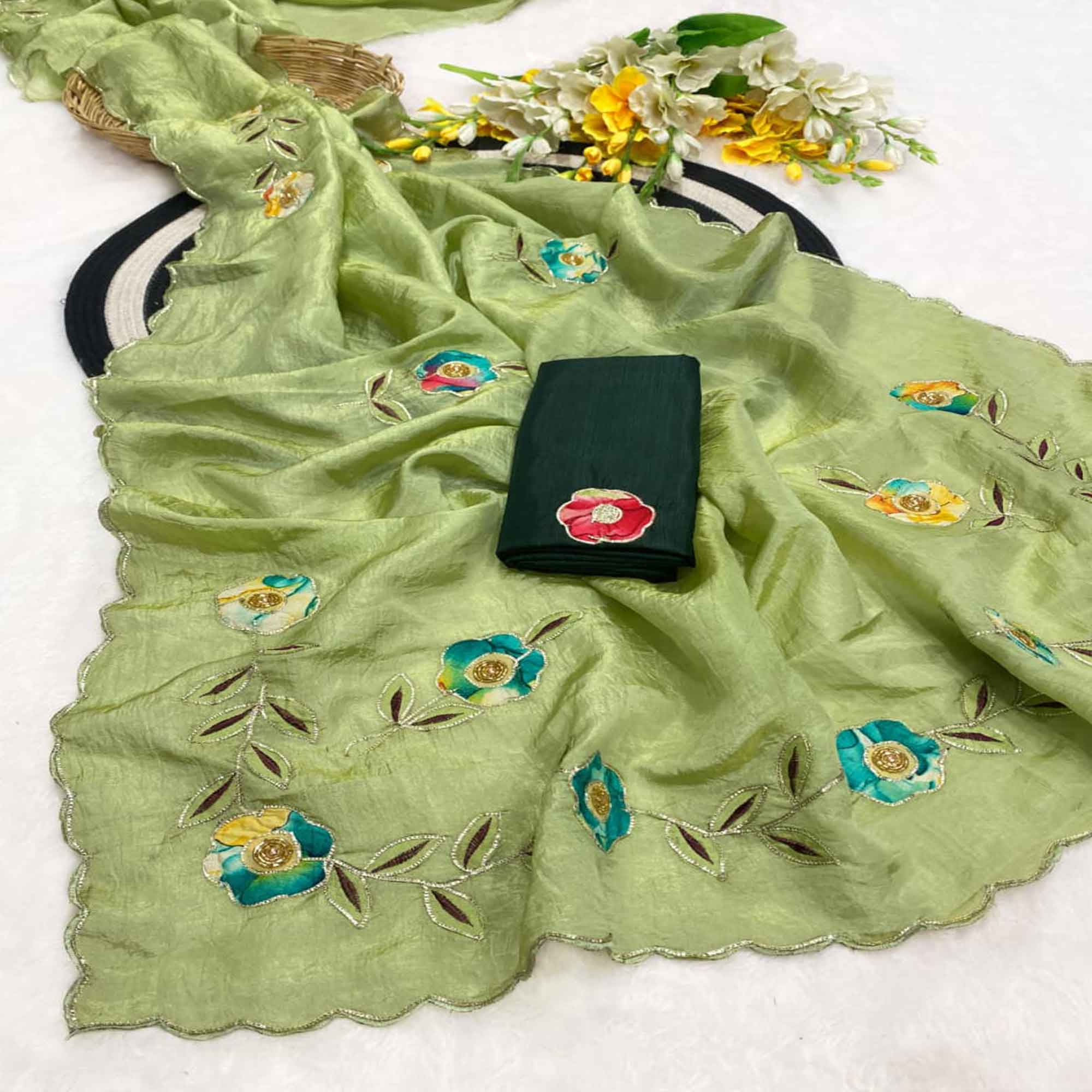 Green Crush-Style Silk Blend Saree Enhanced with Beautiful Patch Work Embroidery