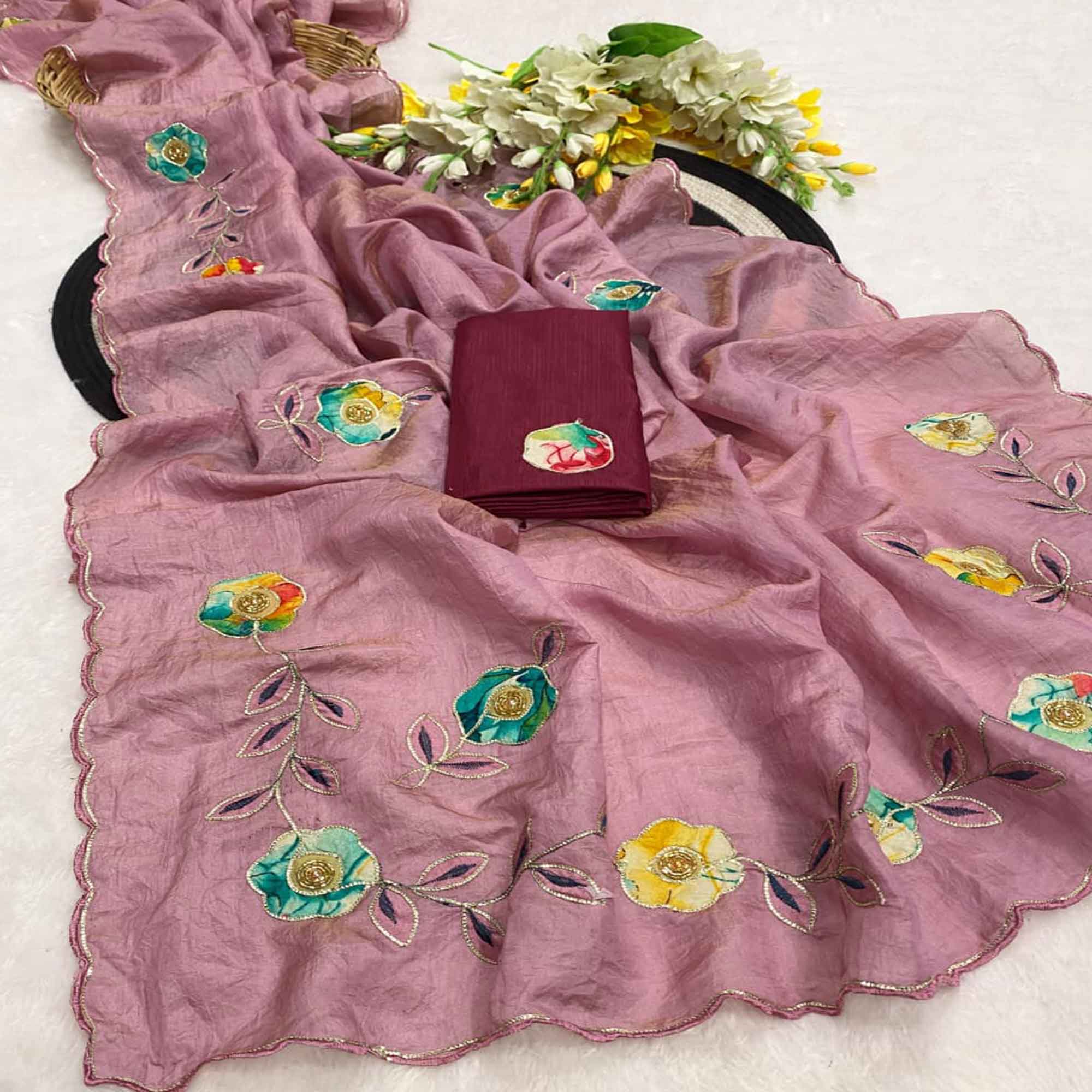 Mauve Crush-Style Silk Blend Saree Enhanced with Beautiful Patch Work Embroidery