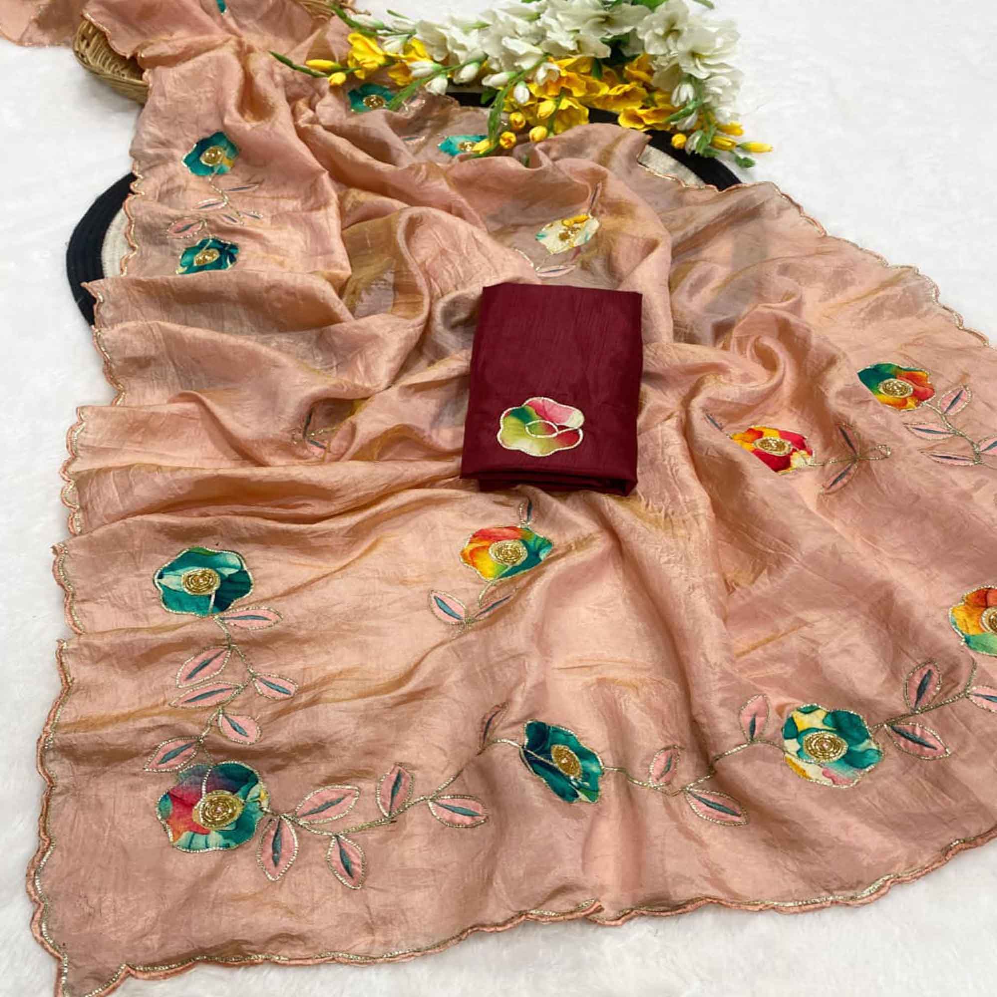 Peach Crush-Style Silk Blend Saree Enhanced with Beautiful Patch Work Embroidery