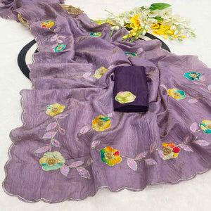 Purple Crush-Style Silk Blend Saree Enhanced with Beautiful Patch Work Embroidery