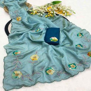 Sky Blue Crush-Style Silk Blend Saree Enhanced with Beautiful Patch Work Embroidery