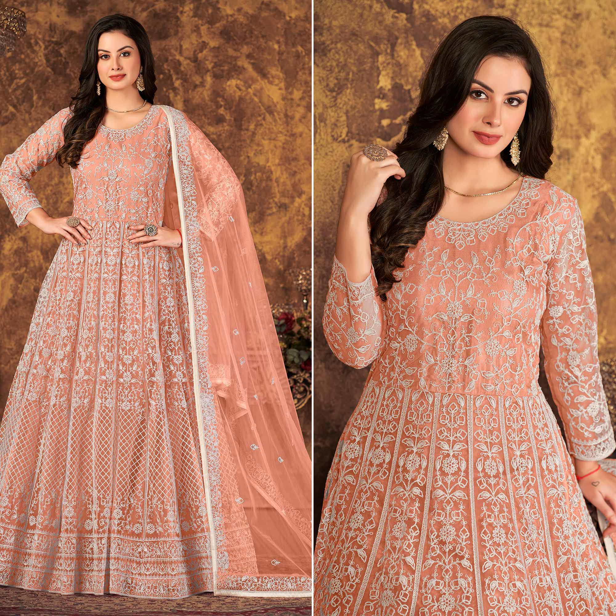 Peach Floral Embroidered Net Semi Stitched Dress Material