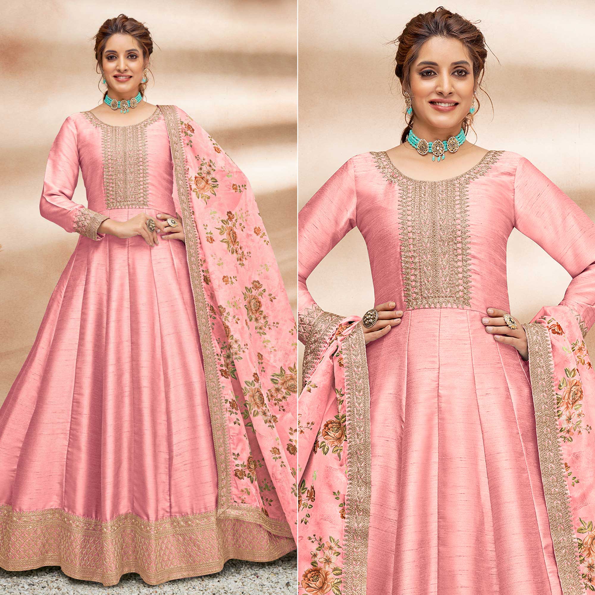 Pink Embroidered Art Silk Semi Stitched Anarkali Suit